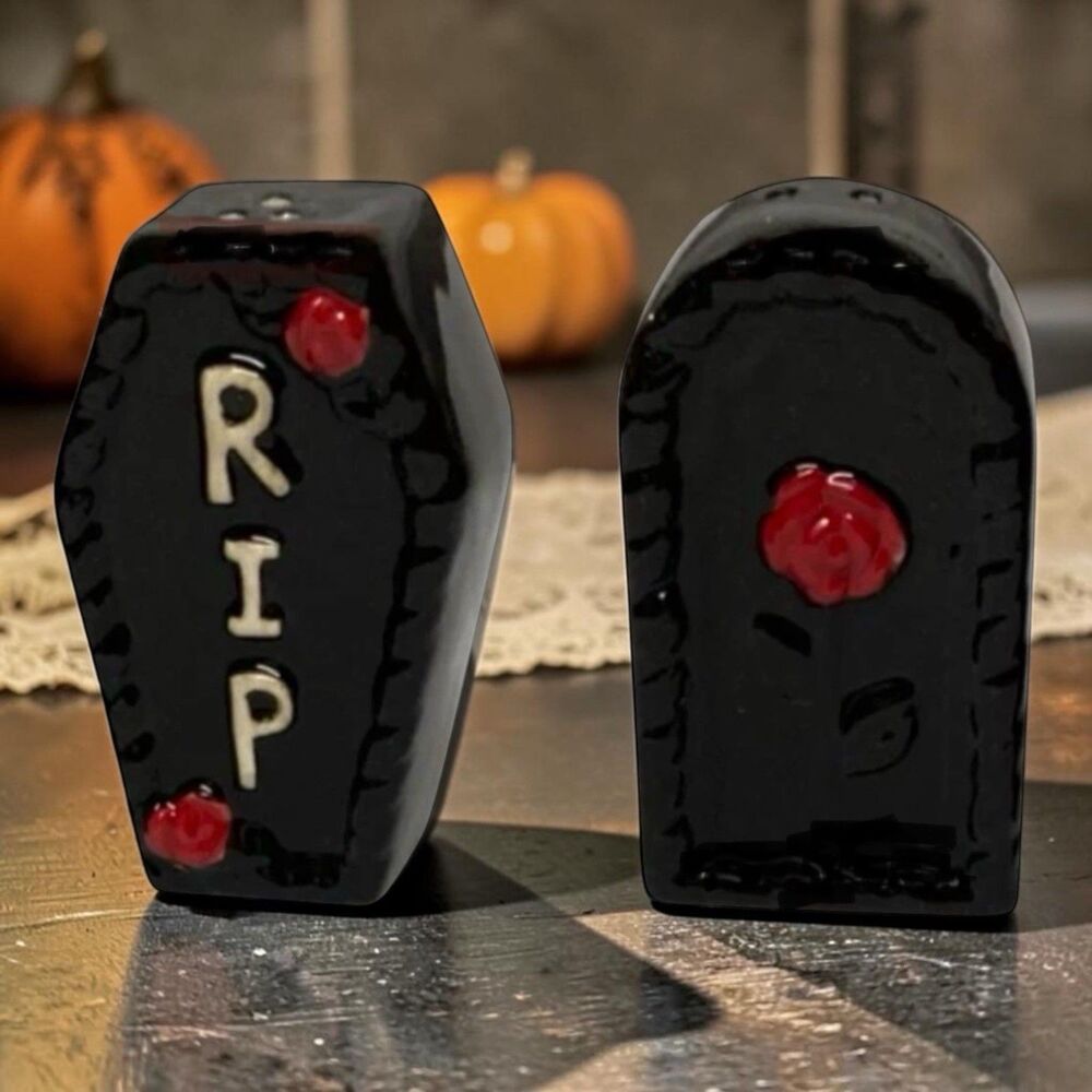 Morning Spell Coffin Tombstone Salt & Pepper Shakers RIP Red Rose Ceramic Spooky